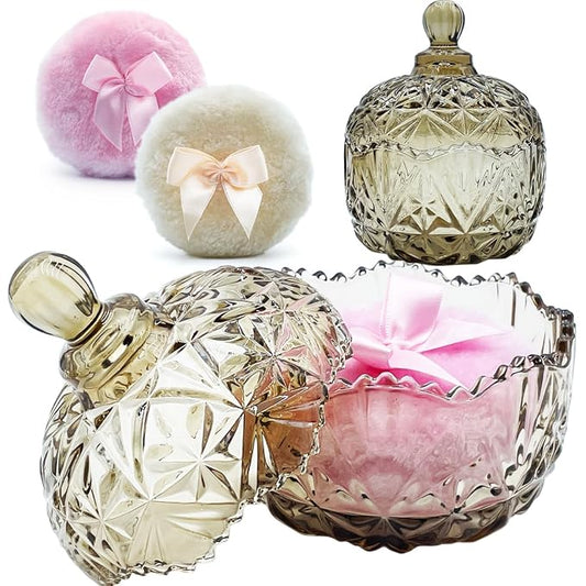 4" Glass Dusting Powder Container with 2 Fluffy Puffs,Cute 3.5" Soft Body Powder Puff and Jar Set(Crown-tawny)