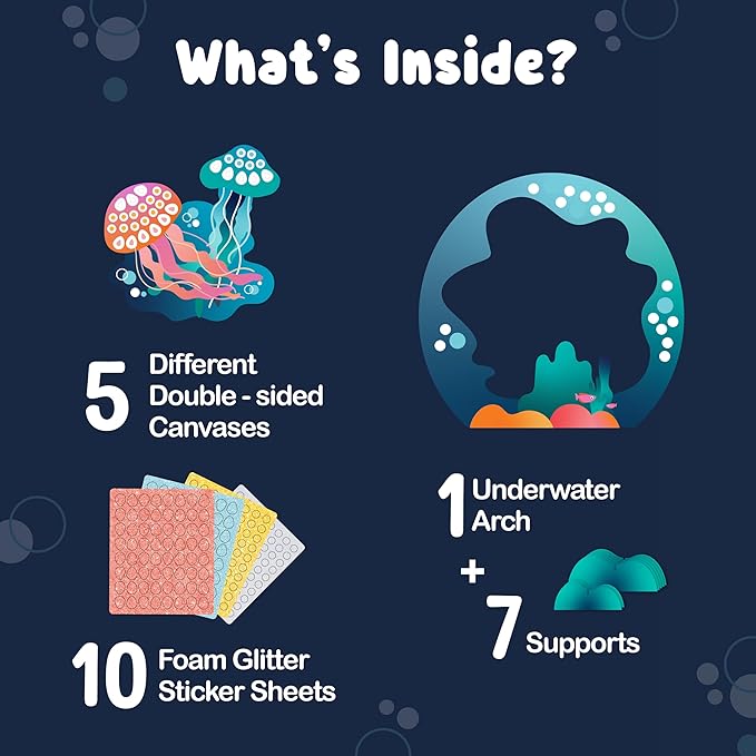 BINCA Foam Sticker Mosaic Art Activity, 750+ 3D Glitter Foam Stickers, 5 Underwater Animals with Display Arch, DIY Mess-Free Activities, Felt Craft Kits & Gifts for Boys & Girls Ages 5,6,7,8