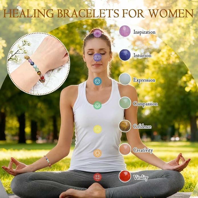 7 Chakra Bracelet for Women, Healing Stones for Anxiety Relief, Spiritual Crystal Energy Bracelet for Meditation, Relaxation Positive Vibes
