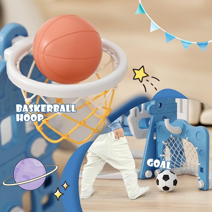 XJD 6-in-1 Toddler Slide and Swing Set, Kids Slide for Toddlers Age 1+, Toddler Outdoor Playset with Basketball Hoop, Football Frame, Swing, Outdoor Indoor Playground for Toddlers 1-3 (Blue)