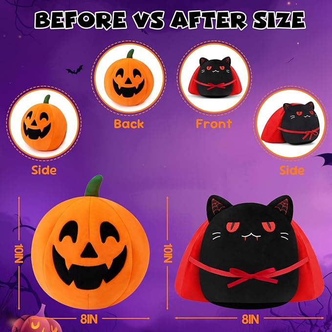 Halloween Pumpkin Plush Toy, Reversible Vampire Black Cat Stuffed Animal with Red Cloak, Cute Halloween Plushies Gift and Party Decoration for Boys Girls 10 Inch