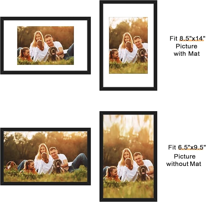 Picrit 8.5x14 Picture Frame Set of 12, Display 7x10 with Mat or 8.5x14 without Mat, Photo Frames for Wall Mounting or Table Top Display, Black