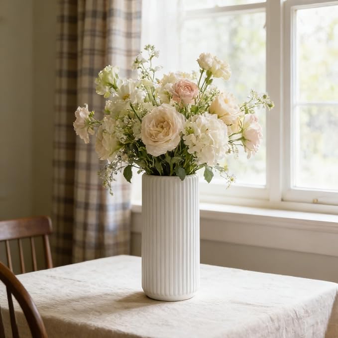 White Ceramic Flower Vase for Pampas Grass, 8 inch Small Decorative Centerpiece Ribbed Vase for Dining Table, Office Desktop, Shelf Bookshelf, Mantel, Entryway, Bathroom, Countertop, Farmhouse, Gift