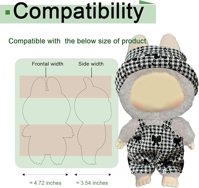 Clohtes for labubu Dolls (15cm & 17cm Monster Keychain-Macaron/Have a seat/Energy). British Style Clothing for labubu Outfits.(Shepherd Check Overalls)