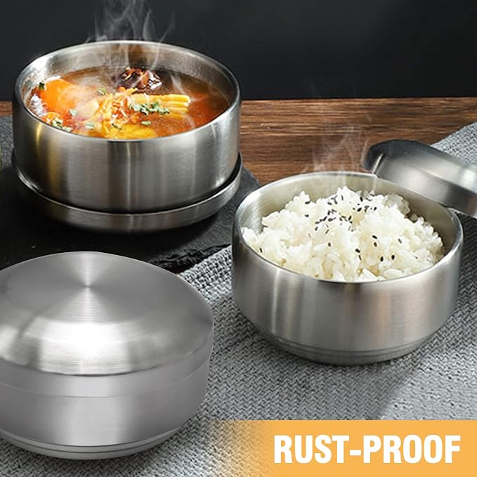 Stainless Steel Rice Bowl with Lid, Set of 2, for Korean Kitchen Restaurant, Double-walled Metal Bowls, Multi-Purpose Insulated Soup Bowls Snacks Bowls (11.5cm Silver)