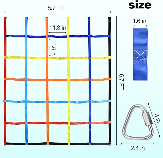 TOPNEW Climbing Net for Kids Outdoor, Ninja Cargo Net Rope Ladder Net for Ninja Slackline, Jungle Gyms, Swing Set, Playground Netting, Multi-Color