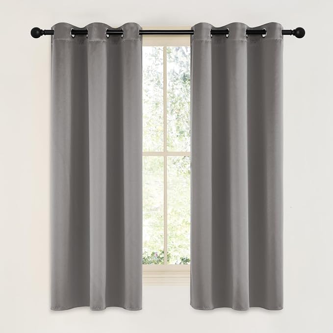 NICETOWN Room Darkening Cafe Satin Curtains for Small Windows, 42" Wide by 63" Long, 2 Panels, Chrome Gray, Grommet Privacy Blackout Drapes for Play Room
