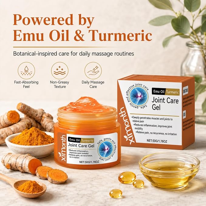 Ximonth Emu Oil Turmeric Joint Care Gel, 2 Pack 1.76 oz Each, Smooth Topical Massage for Knees, Back, Neck, Shoulders, Hands & Feet, Fast-Absorbing Daily Body Care