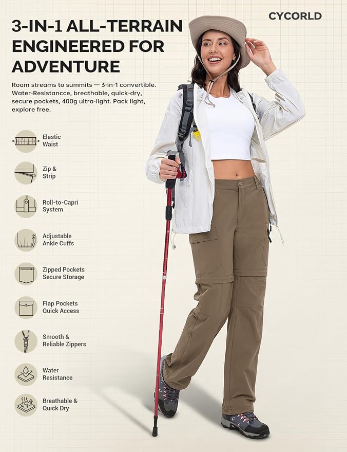 Cycorld Women's-Hiking-Pants-Convertible Quick-Dry-Stretch-Lightweight Zip-Off Outdoor Pants with 5 Deep Pockets