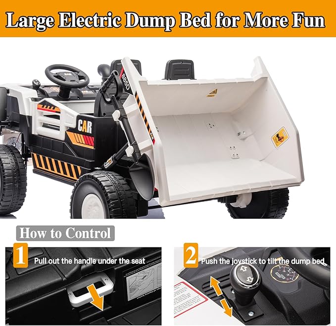 POSTACK 24V 8Ah Ride on Dump Truck with Electric Dump Bed, Ride on Construction Vehicle 4WD Kids Electric Car with Remote Control and Extra Shovel,4x70W Powerful Motors, White