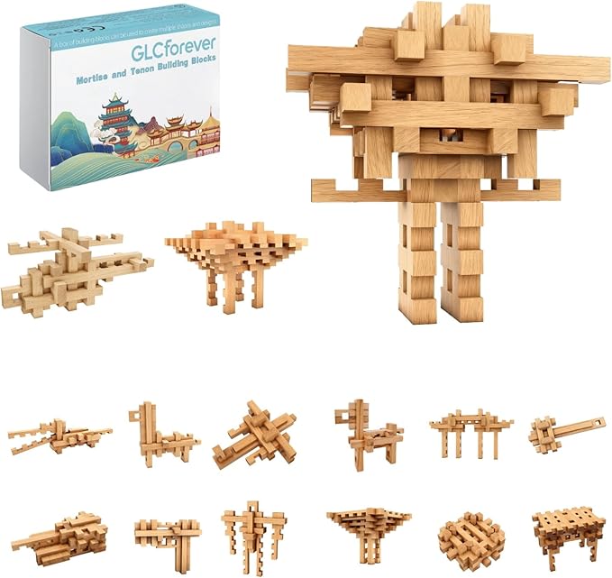 15 in 1 Educational Wooden Building Blocks - 42 Pcs Assembled into 15+ Different Shapes, STEM Toy Gift for Kids, Learning Toys for Ages 3+ and Adults
