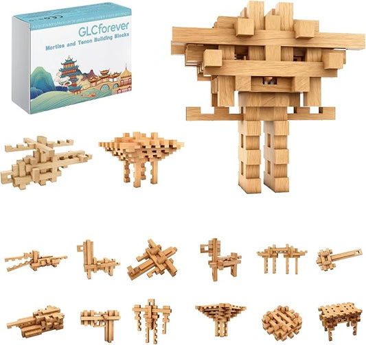 15 in 1 Educational Wooden Building Blocks - 42 Pcs Assembled into 15+ Different Shapes, STEM Toy Gift for Kids, Learning Toys for Ages 3+ and Adults