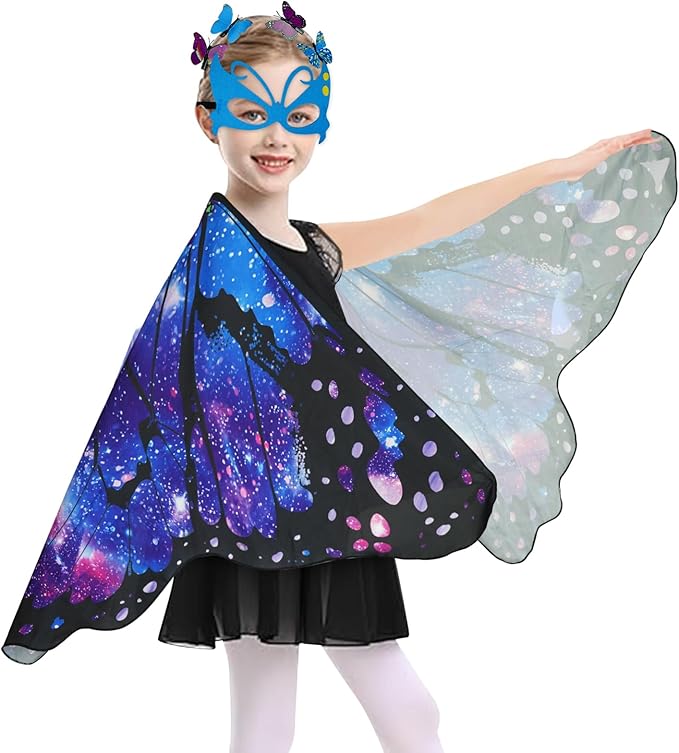 Butterfly Costume for Girls Fairy Wings Kids 4 Pcs(Cape,Skirts,Masks,Hair Clips) Butterfly Wings for Halloween Gifts (Starry Sky Blue)