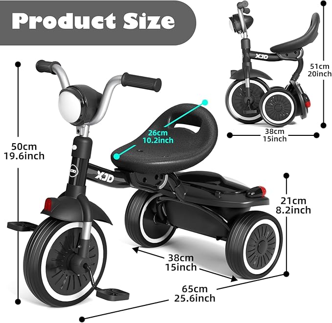 XJD Toddler Tricycle, Foldable Toddler Bike with Pedals, Tricycle for 2-5 Year Olds, Adjustable Comfortable Seat, Christmas Birthday Gifts for 1-5 Years Old Boys and Girls (Black)