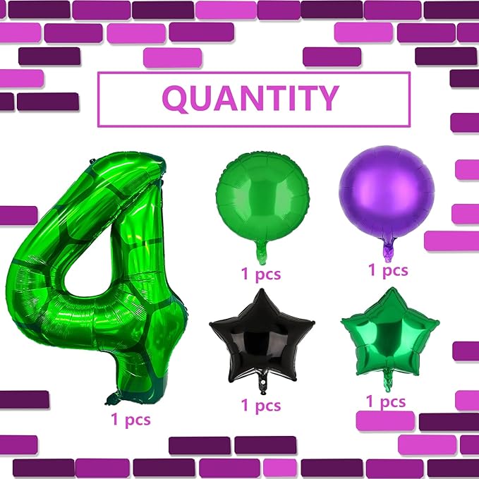 5Pcs Cartoon Turtle Theme Birthday Decorations 40 Inch Number 4 Foil Balloons Super Green Turtle Themed Hero Large Mylar 4th Number Balloon Video Game Pizza Balloons Party Favors Purple