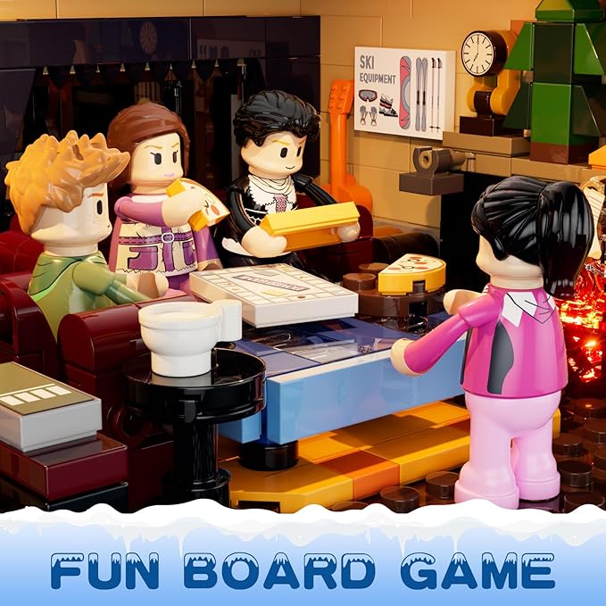 FUNWHOLE Christmas Ski-Cabin Lighting Building-Bricks-Set - Retro Christmas Winter Snow House Collection LED Light Building Construction Holiday Model Set 2187 Pcs for Adults and Teen