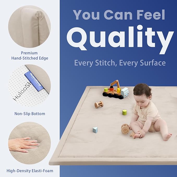 Large 79"x118" Baby Activity Play Mat for Floor,2" Extra Thick Elasti Foam Mat for Tummy Time &Crawling,Non-Slip Nursery Rug for Infants,Toddlers & Kids,Tatami Style for Classroom&Playroom (Beige)