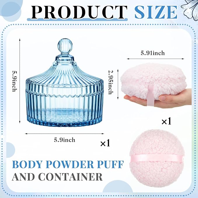 Tioncy 2 Pcs Extra Large Dusting Powder Puff and Container for Women-6'' Glass Crystal Dusting Powder Container with Body Soft Washable Reusable Velour Face(Blue,Classic)