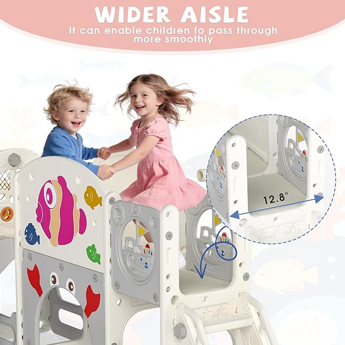 NYEEKOY 8-in-1 Toddler Slide, Toddler Playground, Suitable for Indoor Slides for Toddlers 1-3, with Climber, Basketball Hoop, and Tunnel, Rose Pink Fish