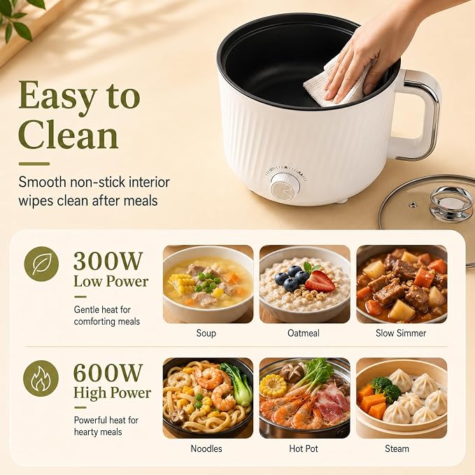 1.6L Nonstick Personal Electric Hot Pot with Steamer Basket & Clear Glass Lid, 300W/600W Electric Ramen Cooker for Dorms, Apartments & Offices, Noodles, Soup, Oatmeal, Pasta, Shabu-Shabu & Boiled Eggs