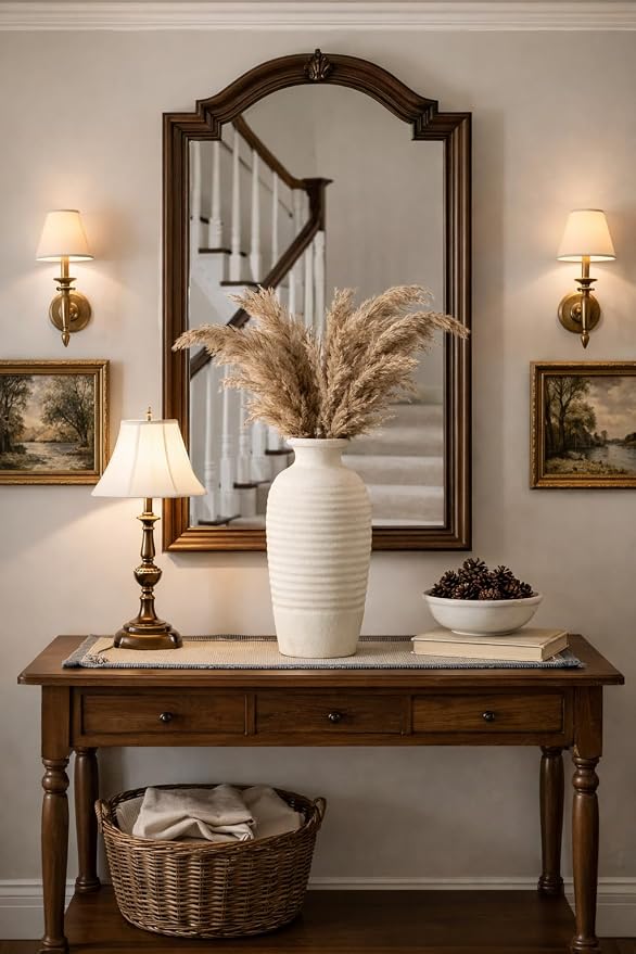 Vaseking Ceramic Natural Rustic Vase, 14.4 Inch Large Vintage Flower Threaded Decorative Farmhouse Tall Vase for Home Decor, Living Room, Shelf Decor, Wedding, Housewarming Gift, Off-White