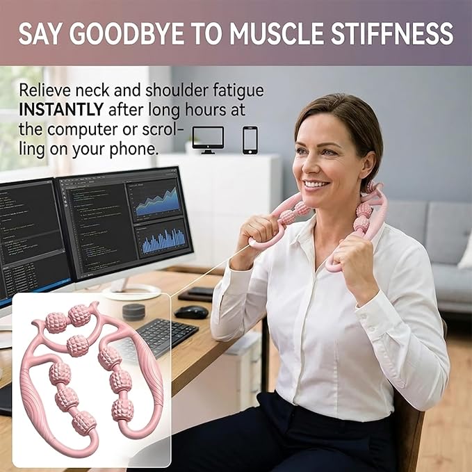 Full Body Massage Tool with 9 Rollers, Pink Manual Massager for Neck, Shoulder, Back, Arms, Legs, 25cm Length, Double Massage Area Design