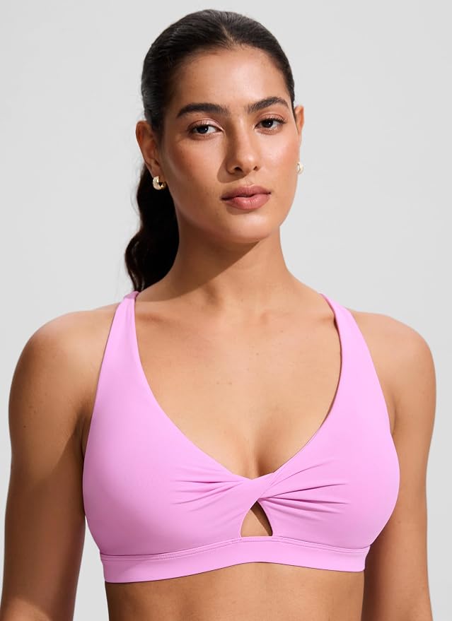 CRZ YOGA Twist Front Cut Out Bikini Tops for Women - Padded V Neck Spaghetti Strap Criss Cross Swim Bathing Suit Bra