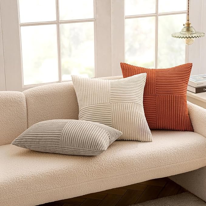 MIULEE Taupe Decorative Throw Pillow Covers for Couch 18x18 Inch | 2 Pack, Boho Farmhouse Pillow Covers, Soft Cross Corduroy Patchwork Textured Cushion Cases For Bed Sofa