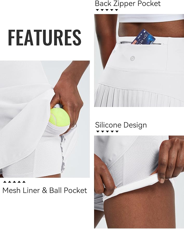 baleaf Tennis Skirt Pleated Golf Skorts with 3 Pockets | 14", Built in Shorts, High Waisted, Anti-slip Strip, Lightweight, for Athletic, Workout, Pickleball, Skorts for Women