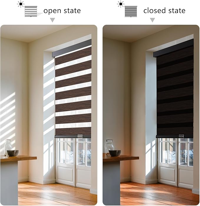 AOSKY Cordless Zebra Blinds for Windows Pull Down Roller Window Shades Dual Layer Light Filtering Privacy for Day and Night, Free-Stop Door Shades for Home Easy to Install Brown 25" W X 72" H