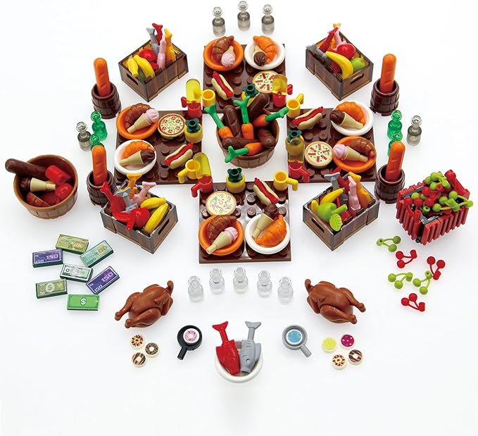 Creative City Food Building Blocks Set Imaginative Play Accessories with Pizza, Shopping Trolley, Fruits, Veggies, Compatible with Major Brands, Ideal for Party Favors and Educational