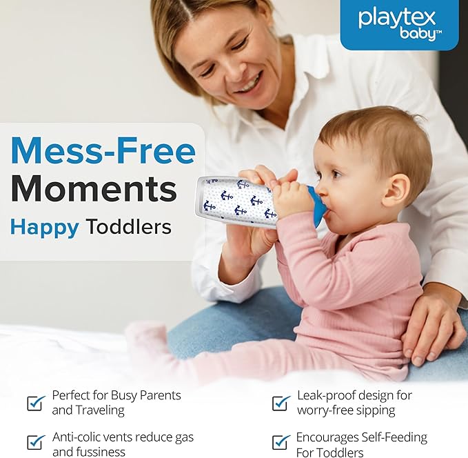Playtex Baby Sipsters Hard Spout Sippy Cup for 12+ Months, 9 Ounce (2 Count), Blue Anchor & Sailboat Design, Insulated Toddler Water Bottle for Kids, Spill-Proof Cups for Toddlers 1-3, Stage 3