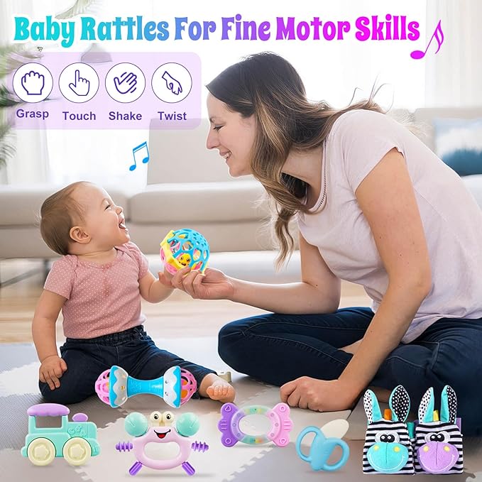 Baby Toys 0-6 Months - Baby Rattles Teething Toys 3-6 Month Infant Toys 6-12 Months Teether Toy 3 4 5 6 Month Old Newborn Essentials Must Haves Wrist Socks Christmas Gifts Valentines Gifts for Kids