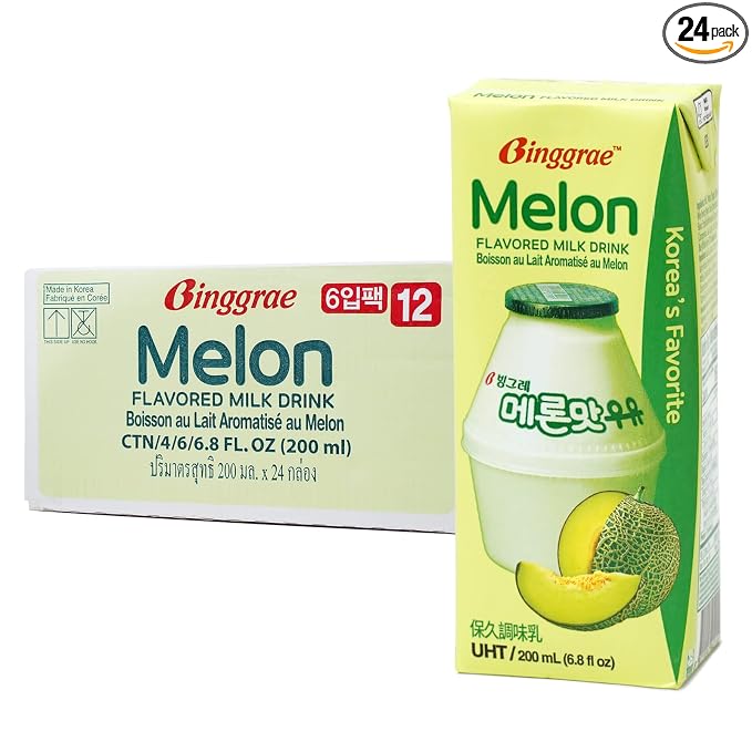 Binggrae Melon Flavored Milk Drink – Sweet and Creamy Korean Shelf-Stable Beverage – 6.8 fl oz Cartons – Pack of 24