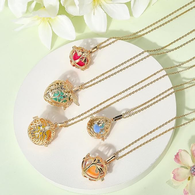 SUNNYCLUE 1 Box 5Pcs Aromatherapy Necklaces Diffuser Necklace with 20Pcs Pom Pom Ball Tree of Life Angel Essential Oil Diffuser Jewelry 304 Stainless Steel Hollow Bead Cage Pendants for Women Gifts