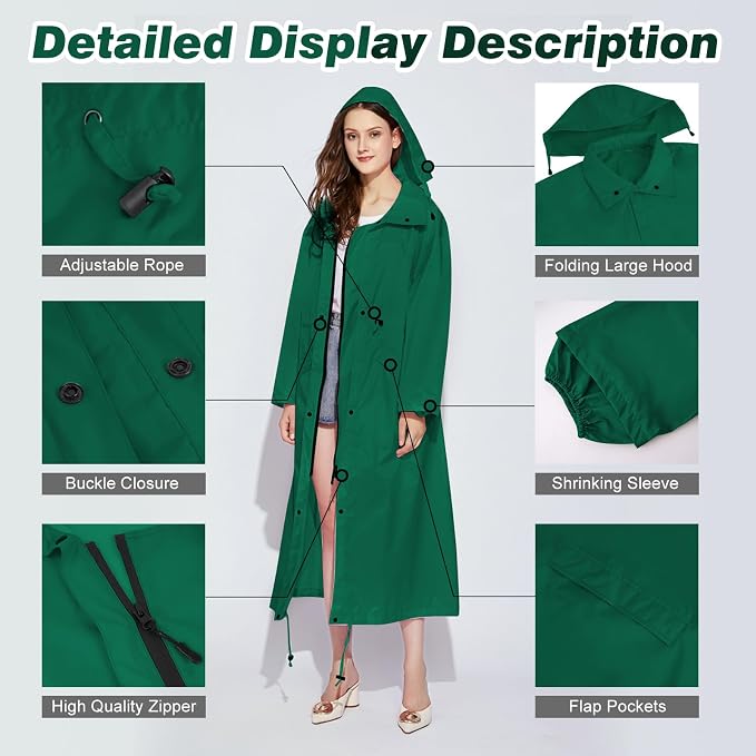 LAMA Womens Long Raincoats Rain Jacket Waterproof Packable Hooded Windbreaker Lightweight Adjustable Waist for Outdoor