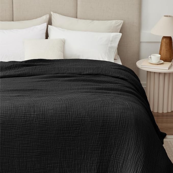 100% Cotton Muslin Blanket Twin 60" x 80", Breathable and Lightweight Cotton Twin Blankets for Couch, Soft Cooling Summer Gauze Blanket for Adults All Season, Black