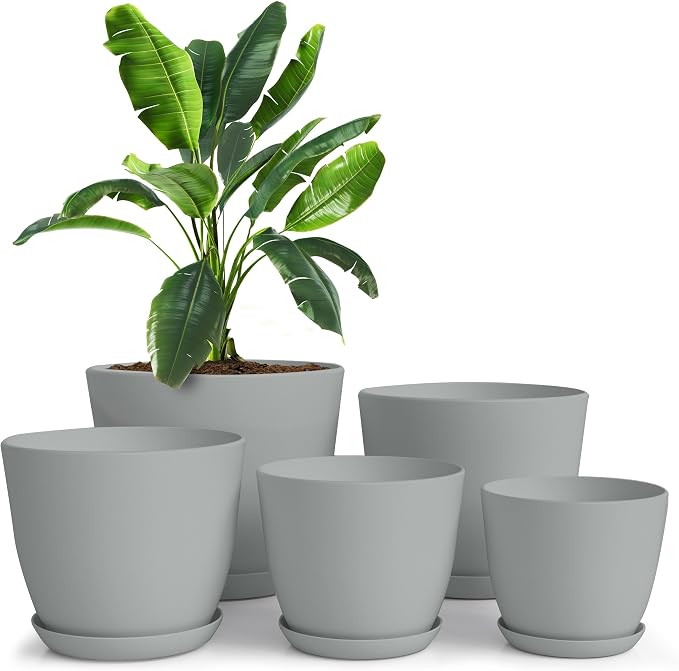 Plant Pots Indoor with Drainage, 5 Pack Multi-Size Planters Set, Grey | Drainage holes included Multiple sizes 7/6.6/6/5.3/4.8 In Indoor plants and flowers Durable plastic construction