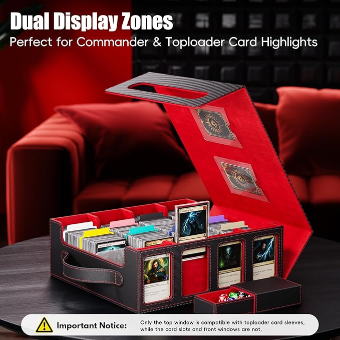 Trading Card Storage Box – 3500+ Magnetic MTG Deck Box with Handle,Commander & Toploader Display, Dice Box,4 Dividers & 30 Color Labels – Fits for TCG,MTG,Yu-Gi-Oh and Sport cards(Black/Red)