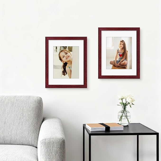 Picrit 11x14 Picture Frame Set of 12, Display 8x10 with Mat or 11x14 without Mat, Photo Frames for Wall Mounting or Table Top Display, Dark Red Wood