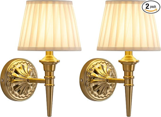 KDG Cordless Gold Wall Sconces Set of 2, Beige Fabric Lampshde Wall Lamps | Small LED Wireless Portable Rechargeable Battery Lighting for Wall Painting, Living Room, Bedroom, Hallway, Gifts, Nightlight