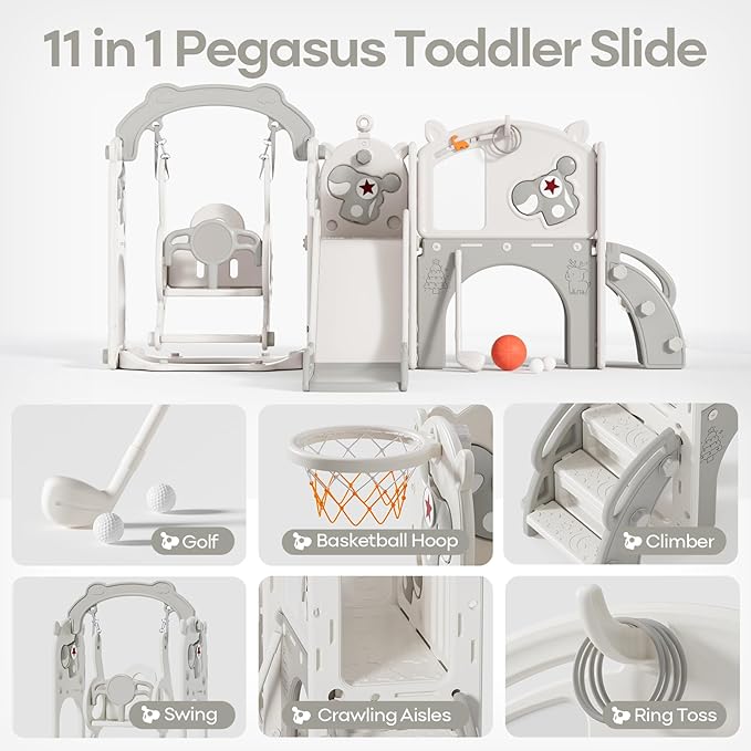 Mloong 11 in 1 Toddler Slide and Swing Set, Kids Slide for Toddlers 1-3 Years Old Baby, Indoor Outdoor with Basketball Hoop Drawing Golf for Kids Easy Assembly(Beige & Gray)(82×67×41in)