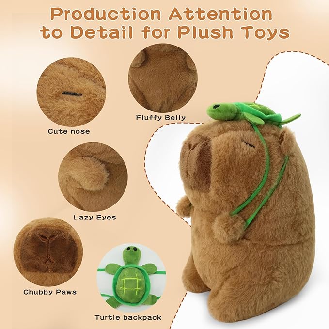 9 Inch Cute Capybara Stuffed Animal with Turtle Backpack - Companion to Relieve Emotions - Skin-Friendly Material - Soft Kawaii Plush Pillow for Birthday Gift for Kids Boys Girls