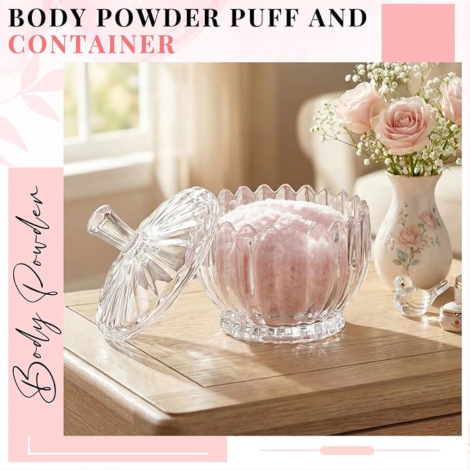 Tioncy 2 Pcs Extra Large Dusting Powder Puff and Container for Women-6'' Glass Crystal Dusting Powder Container with Body Soft Washable Reusable Velour Face(Clear,Scalloped)