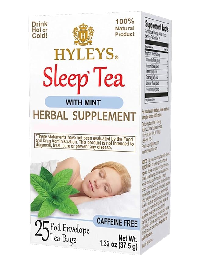 HYLEYS Sleep Tea with Mint, Valerian Root and Chamomile, 25 Individually Wrapped Tea Bags - Caffeine Free Herbal Sleep Blend - Gluten Free Vegan & Plant Based