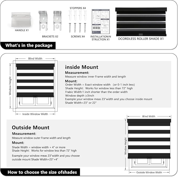 AOSKY Cordless Zebra Blinds for Windows Pull Down Roller Window Shades Dual Layer Light Filtering Privacy for Day and Night, Free-Stop Door Shades for Home Easy to Install (36.5" W X 72" H，Black)