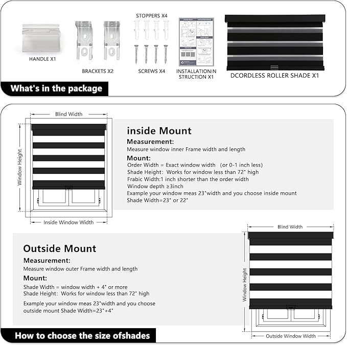 AOSKY Cordless Zebra Blinds for Windows Pull Down Roller Window Shades Dual Layer Light Filtering Privacy for Day and Night, Free-Stop Door Shades for Home Easy to Install (64" W X 72" H，Black)