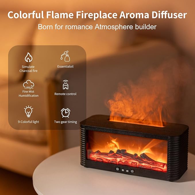 9-Color Essential Oil Diffuser - Colorful Flame Fireplace Aroma Diffuser, 250ml Remote Control Aromatherapy Aroma Humidifier with Time Sets and Remote Control for Bedroom, Home, Yoga Office Gift