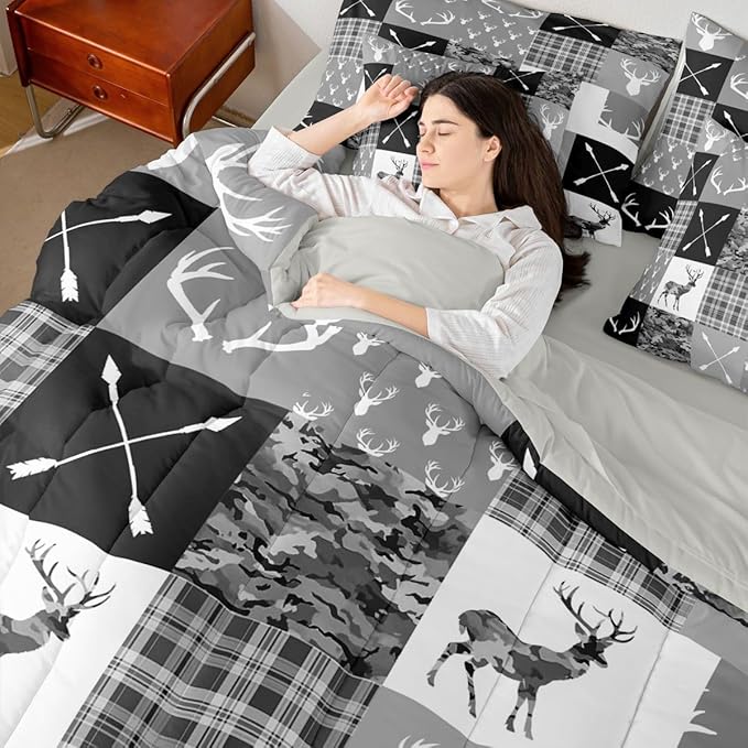 Feelyou Hunting Camo Deer Full Comforter Set with Sheets for Kids Boys Girls Camouflage Hunter 7 Pieces Bedding Set Rustic Western Wildlife Animal Bed in a Bag Room Decor Soft