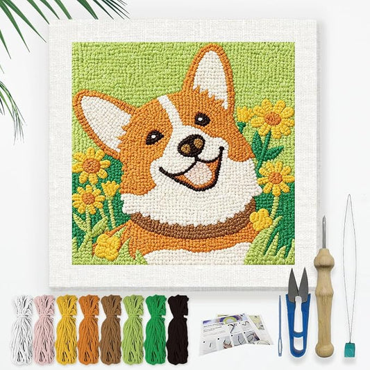 Doodlream Cute Corgi Dog DIY Punch Needle Embroidery Kit for Adult Beginner, 9.4" Cartoon Animal Flower Punch Stitching Craft Set for Starter with Frame,Fabric Pattern,Threader, Yarn, Pinch Needle